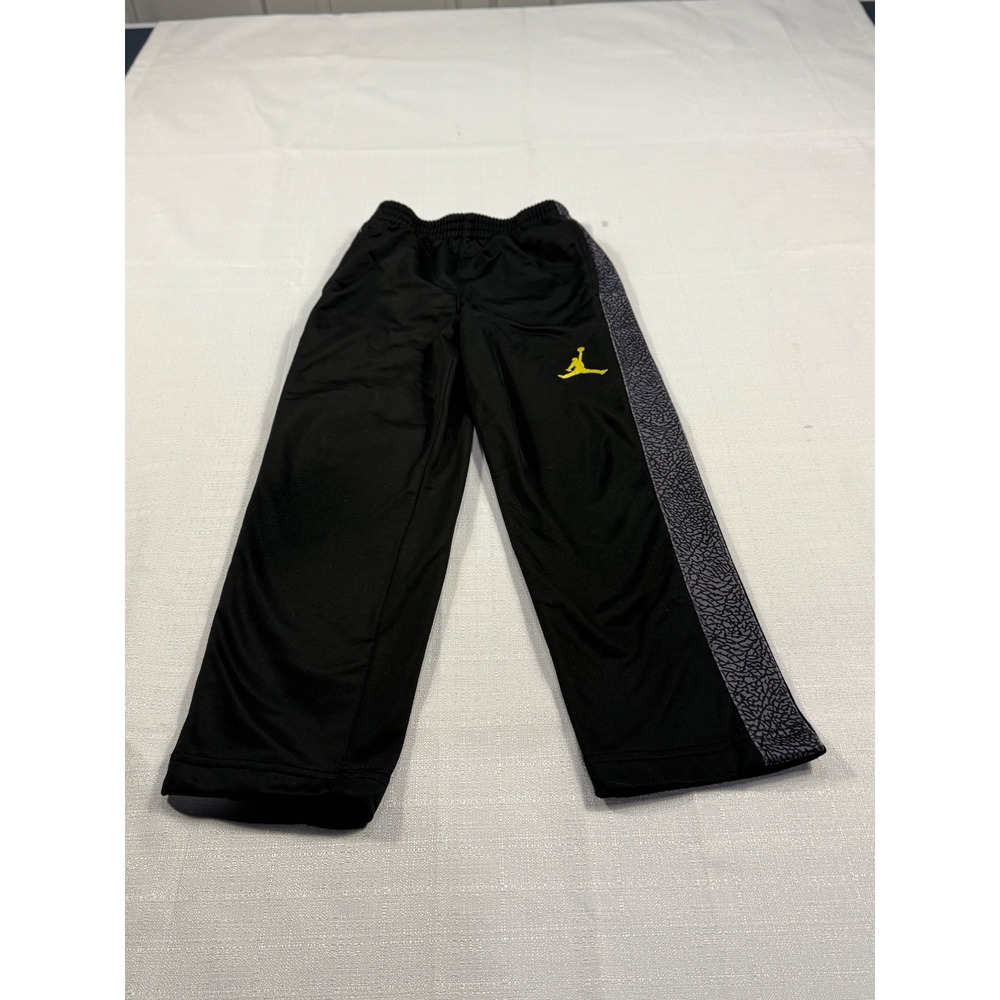 Jordan Boys Black Track Pants Size 6 Medium Yellow Logo Athleisure Joggers Camo